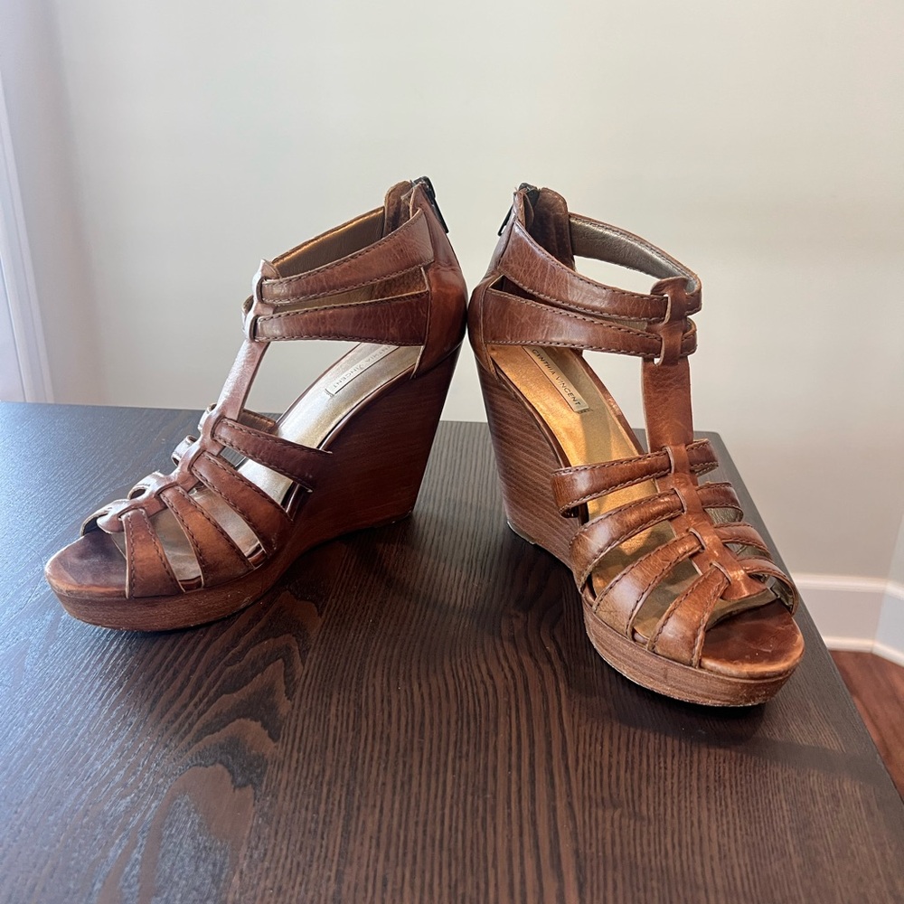 Cynthia Vincent Brown Strappy Leather Wedge Sandals